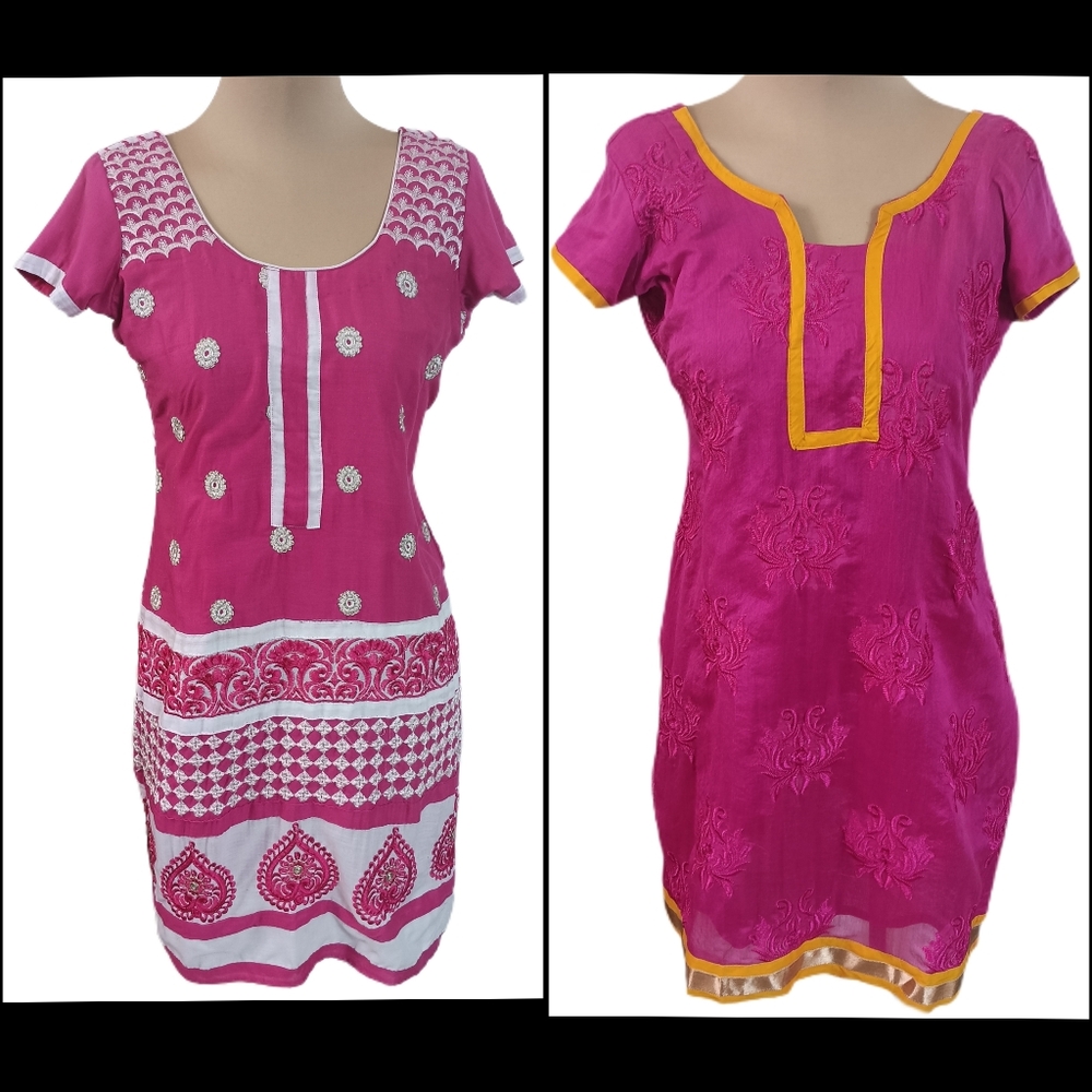 Lot 2 Handmade Indian Kurti Tops Womens M Pink Embroidered‎ Cotton Short Sleeve
